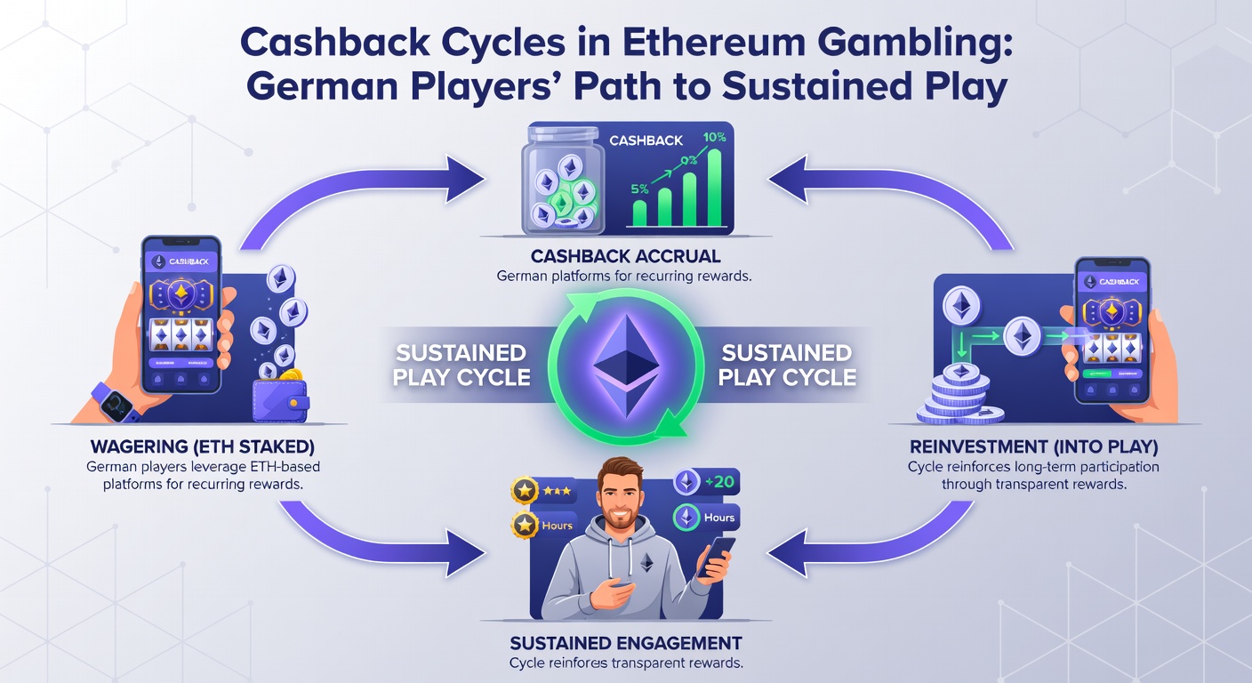 Diagramm illustriert einen vollständigen Cashback-Zyklus mit Ethereum-Transaktionen und deutschen Spielerstatistiken