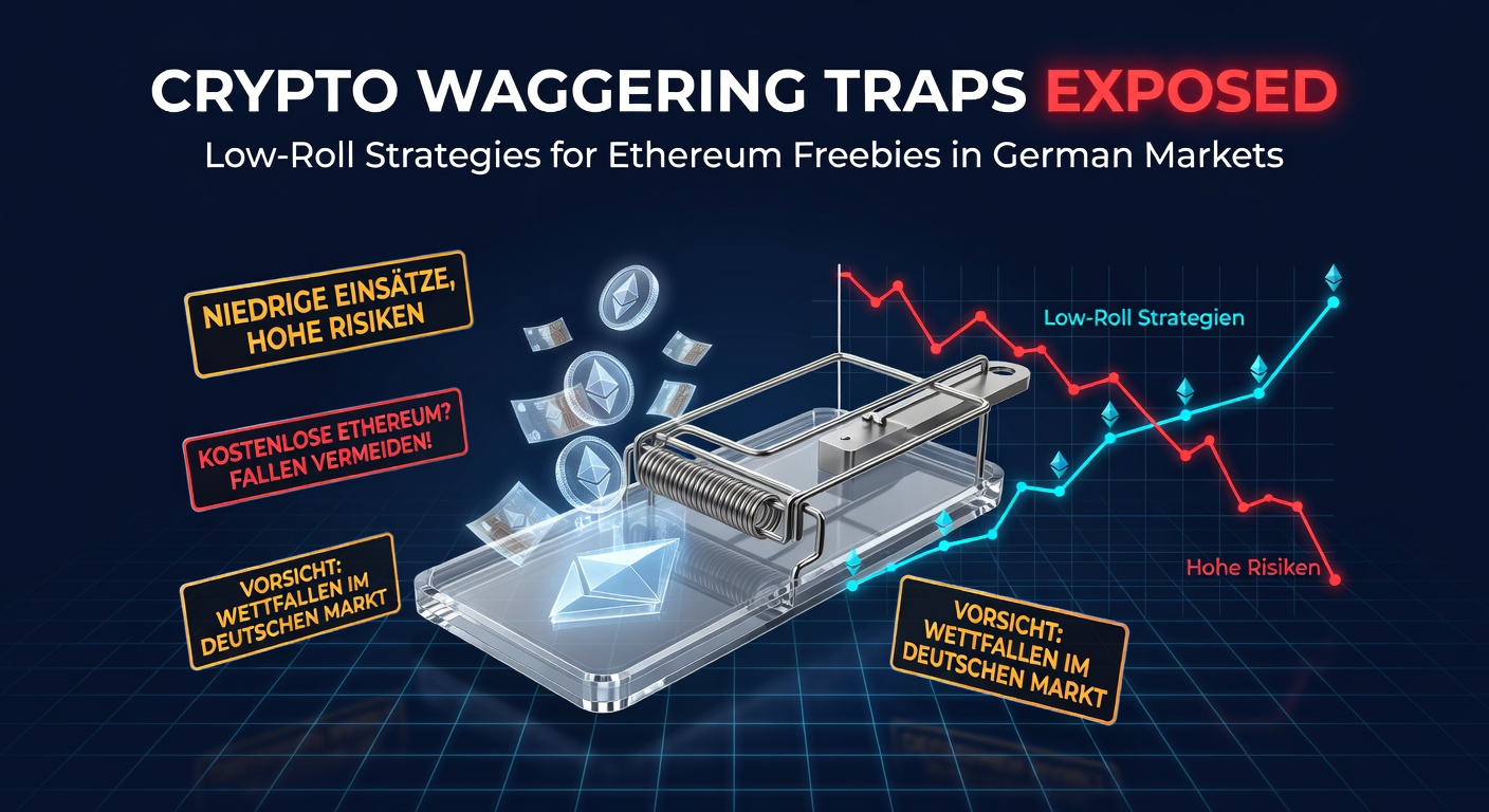 Grafik zeigt typische Wagering-Fallen bei Krypto-Casinos mit Ethereum-Symbolen und Warnhinweisen